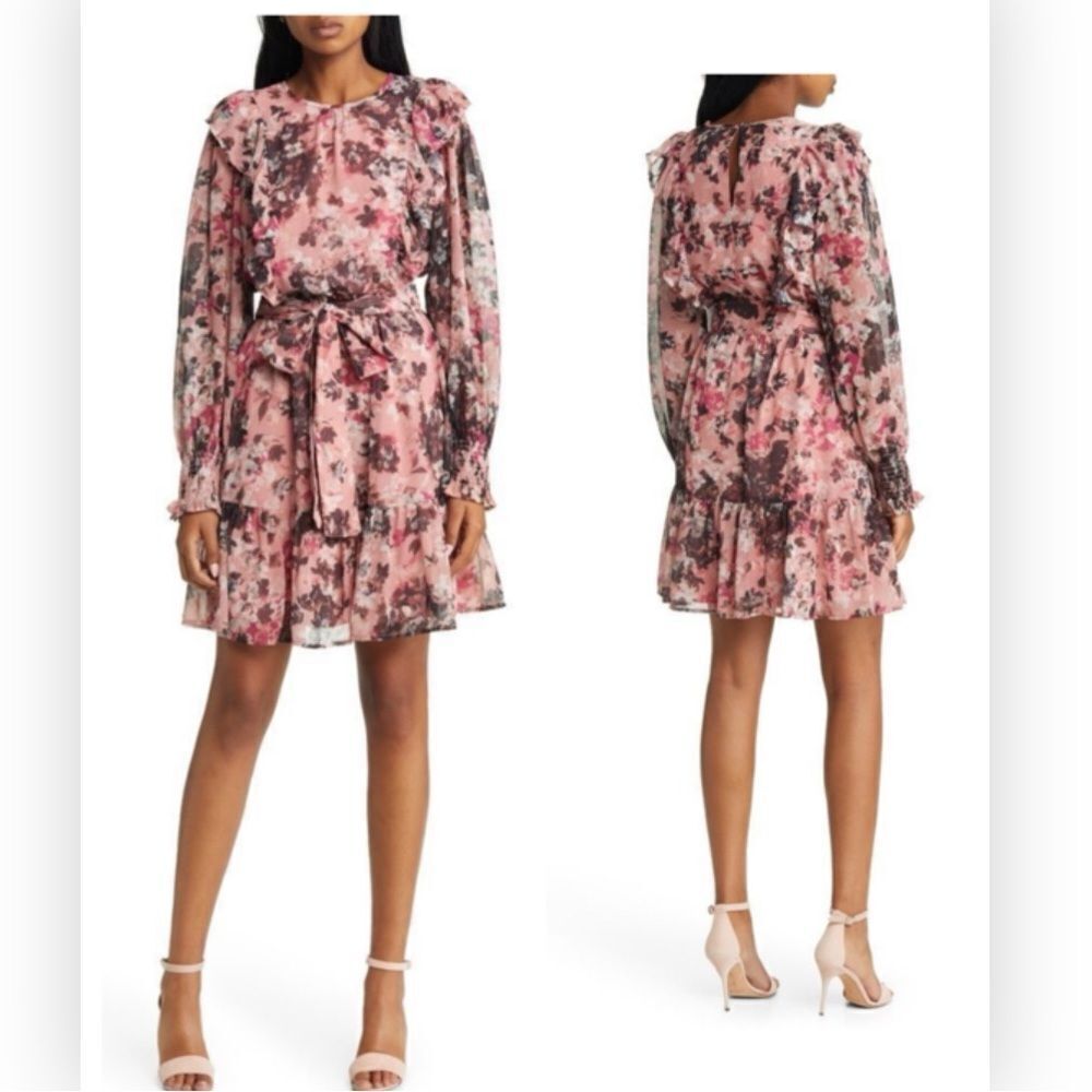 Rachel Parcell Pink Floral Print Ruffle Chiffon Blouson Dress $228